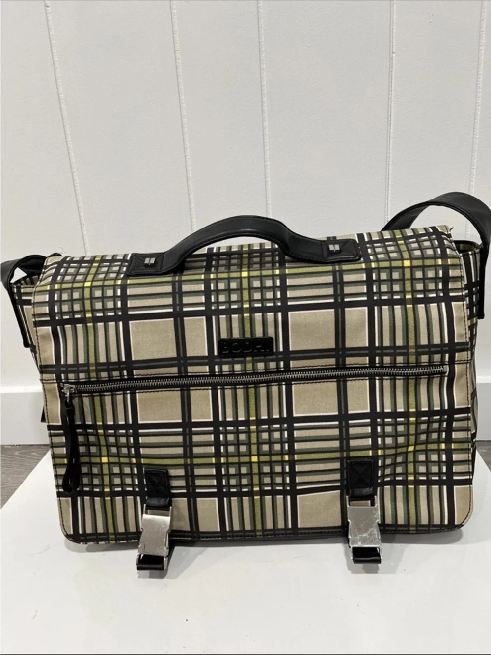 BODHI Plaid Messenger Bag Canvas Leather Trim Satchel Work Laptop Chic